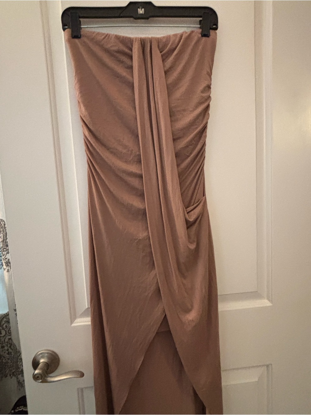 Heart & Hips Strapless Draped Maxi Dress in Taupe
